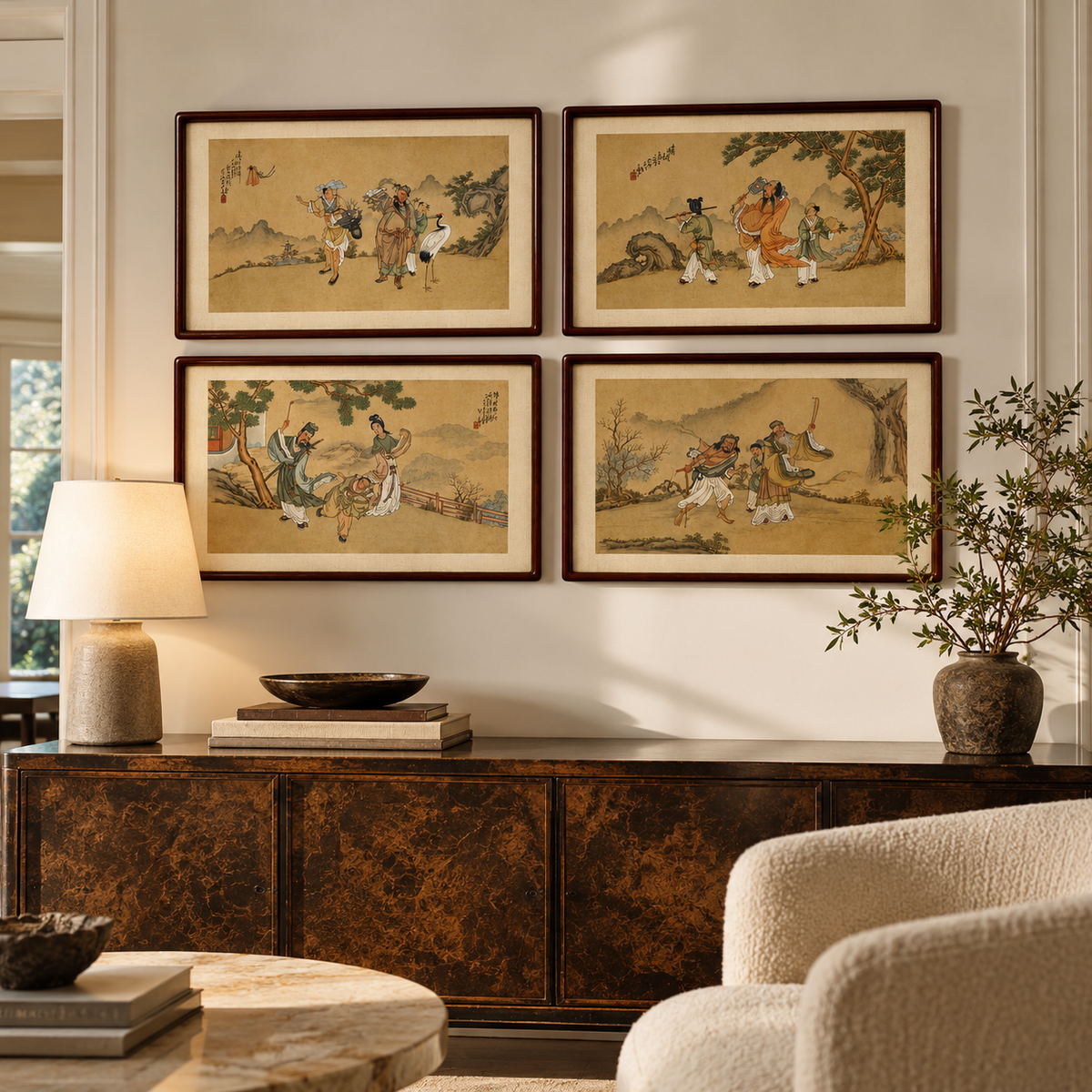 Chinese Export, Hand-Painted Figural Scenes, Rosewood Frames, China, 19th c.