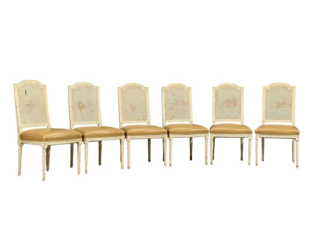 Six Louis XVI Style Wood Carved Painted Dining Chairs, Cane Back, Leather
