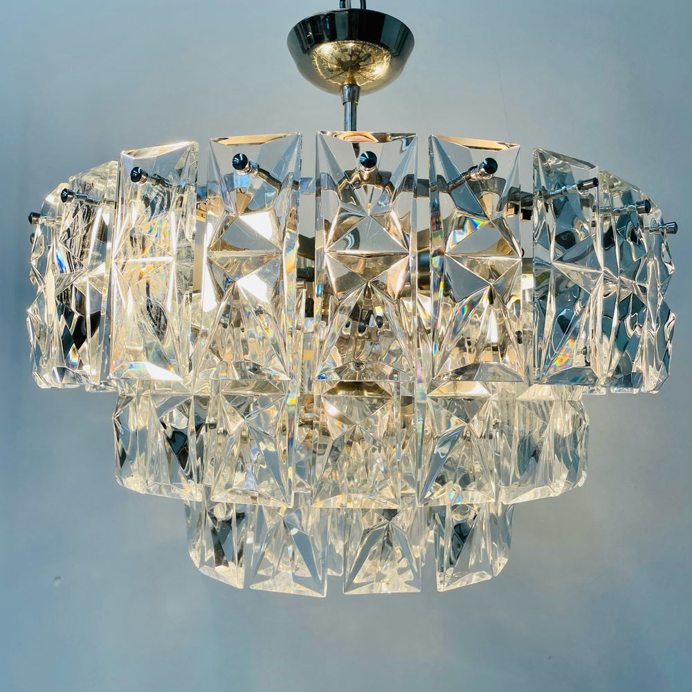German Mid-Century Modern Four Tier Chandelier, Nickel / Brass, Geometric, 1970s