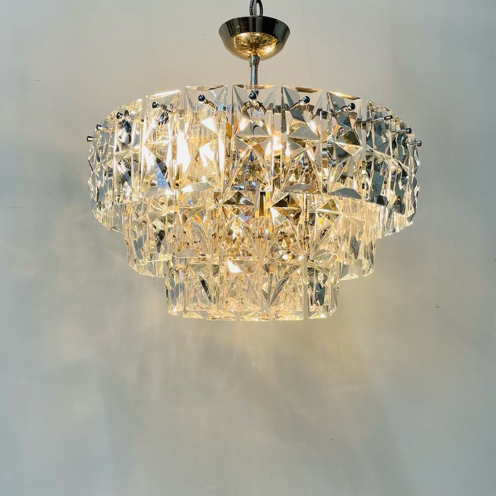 German Mid-Century Modern Four Tier Chandelier, Nickel / Brass, Geometric, 1970s