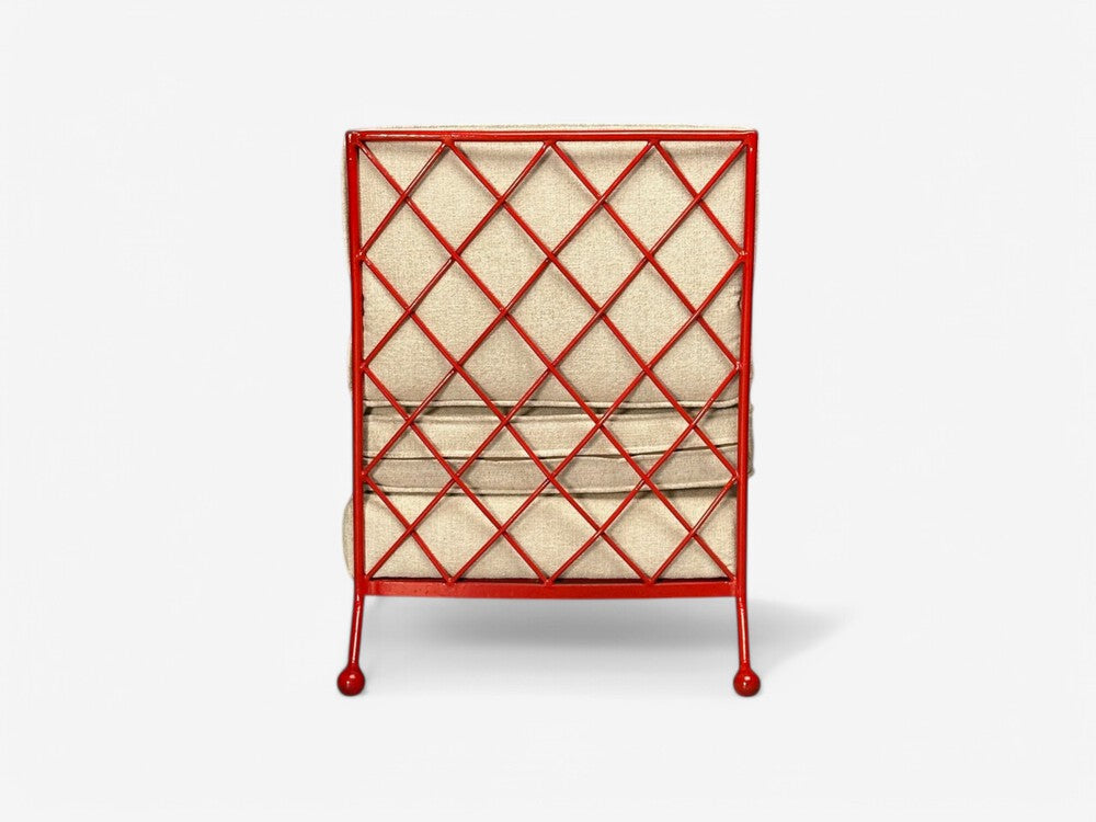 French Mid-Century Modern Style, Red Painted Metal, Linen, Lounge Chair, 20th c.