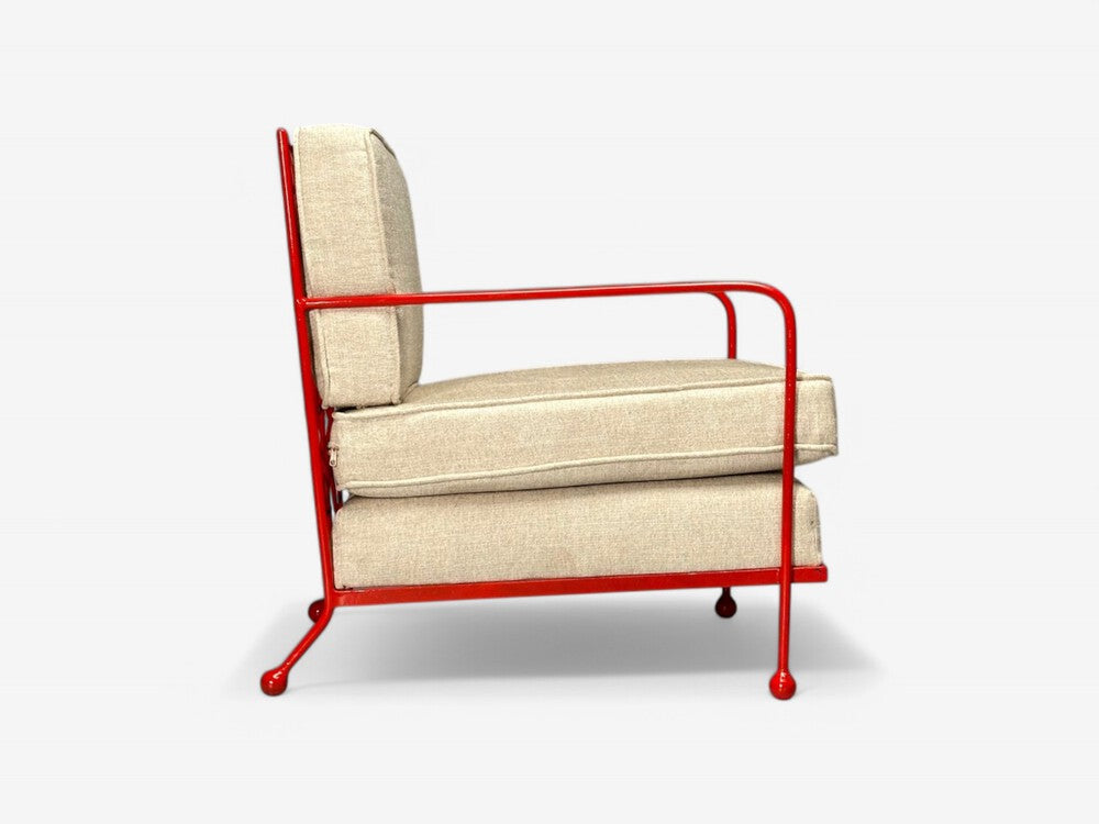 French Mid-Century Modern Style, Red Painted Metal, Linen, Lounge Chair, 20th c.