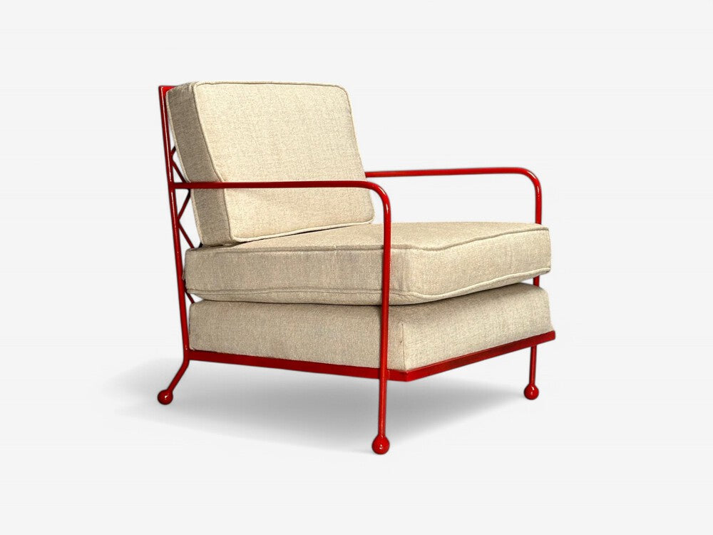 French Mid-Century Modern Style, Red Painted Metal, Linen, Lounge Chair, 20th c.