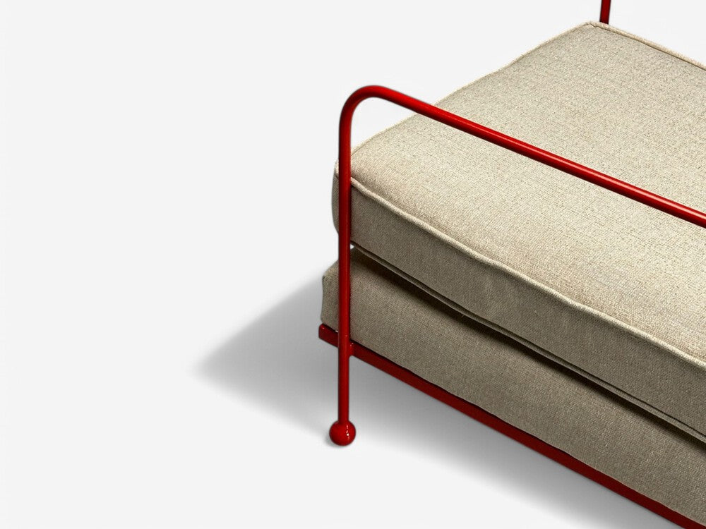 French Mid-Century Modern Style, Red Painted Metal, Linen, Lounge Chair, 20th c.