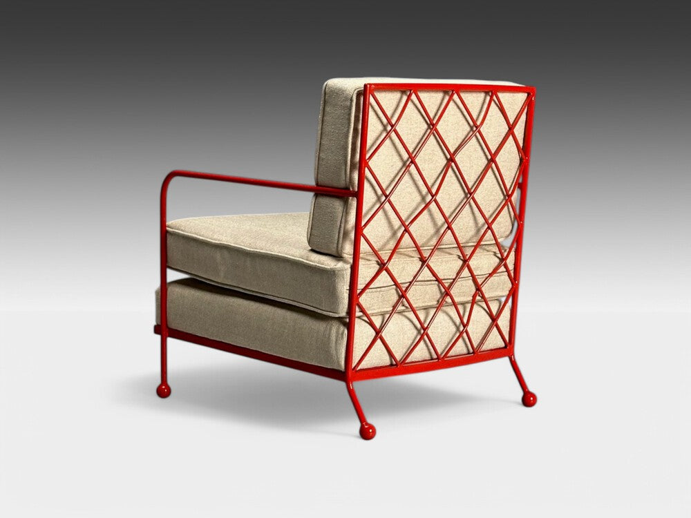 French Mid-Century Modern Style, Red Painted Metal, Linen, Lounge Chair, 20th c.