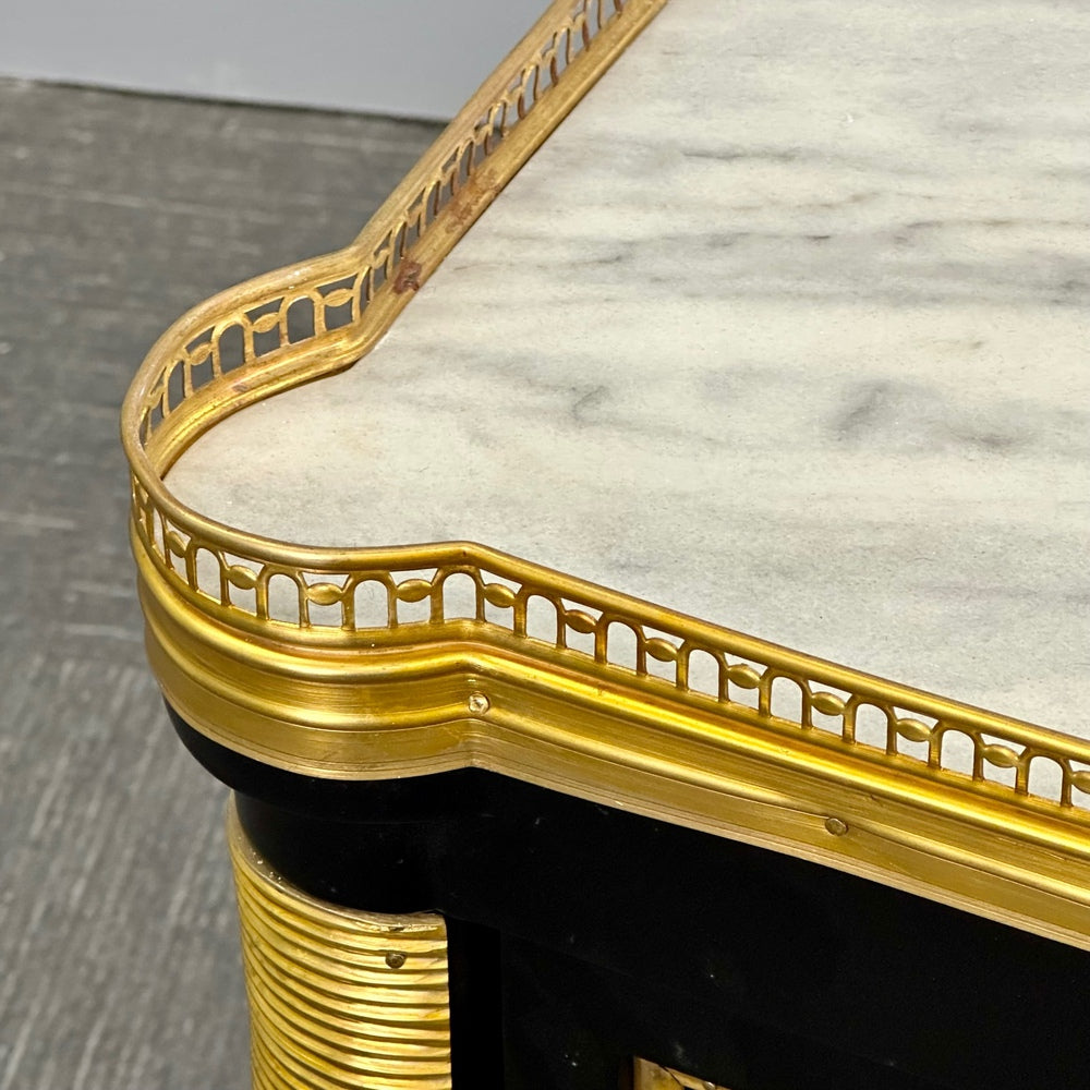 Louis XVI Style, Hollywood Regency, Commodes, Black Painted Wood, Bronze, Marble