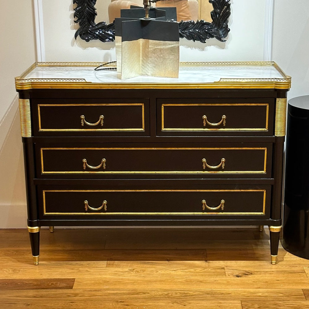 Louis XVI Style, Hollywood Regency, Commodes, Black Painted Wood, Bronze, Marble