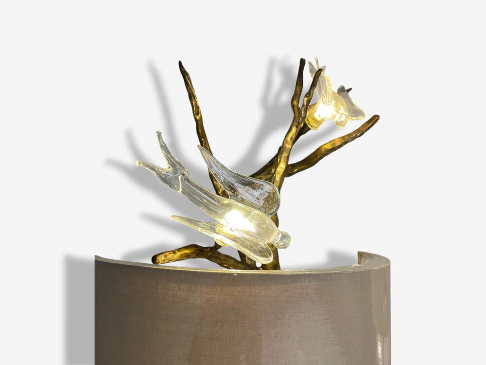 Brutalist Modern, Hammered Bronze, Crystal, Linen, Bird Wall Sconces, 21st C.