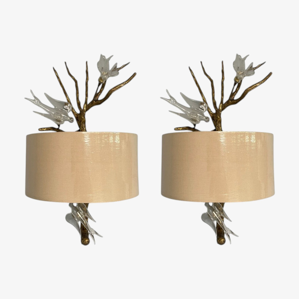 Brutalist Modern, Hammered Bronze, Crystal, Linen, Bird Wall Sconces, 21st C.