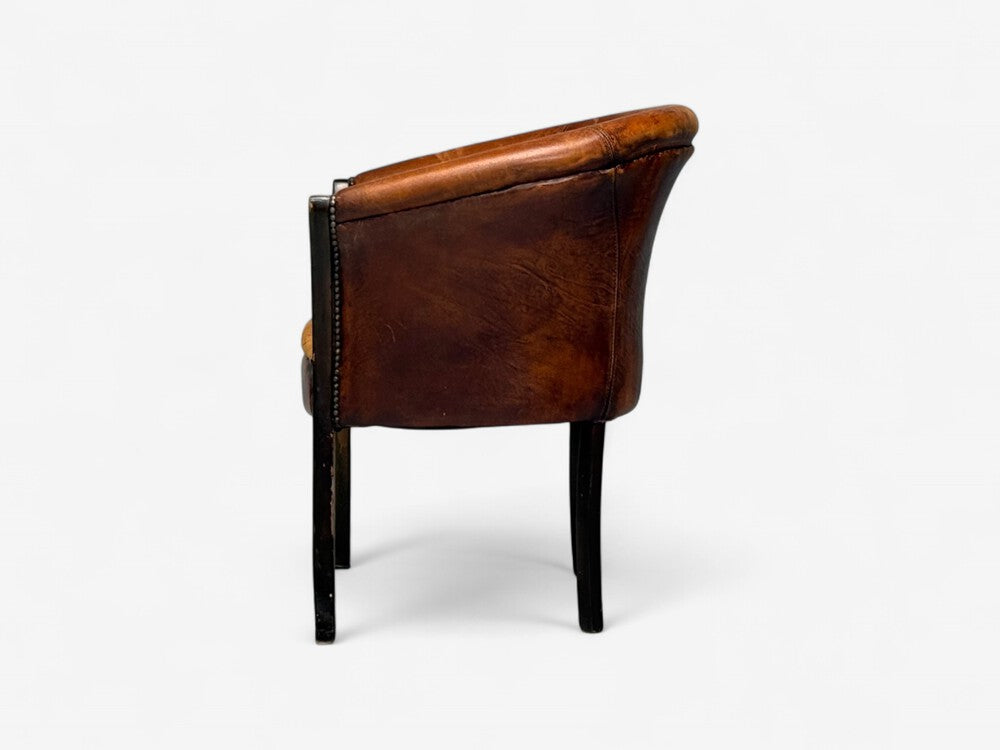 Georgian Style, Distressed Brown Leather, Stained Wood, Tub Chair, USA, 1960s