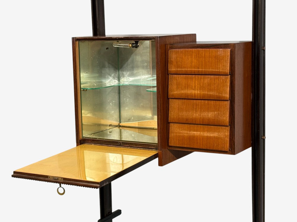Italian Modern, Floor to Ceiling Bookcase, Stained Wood, Glass, Italy, 1940s