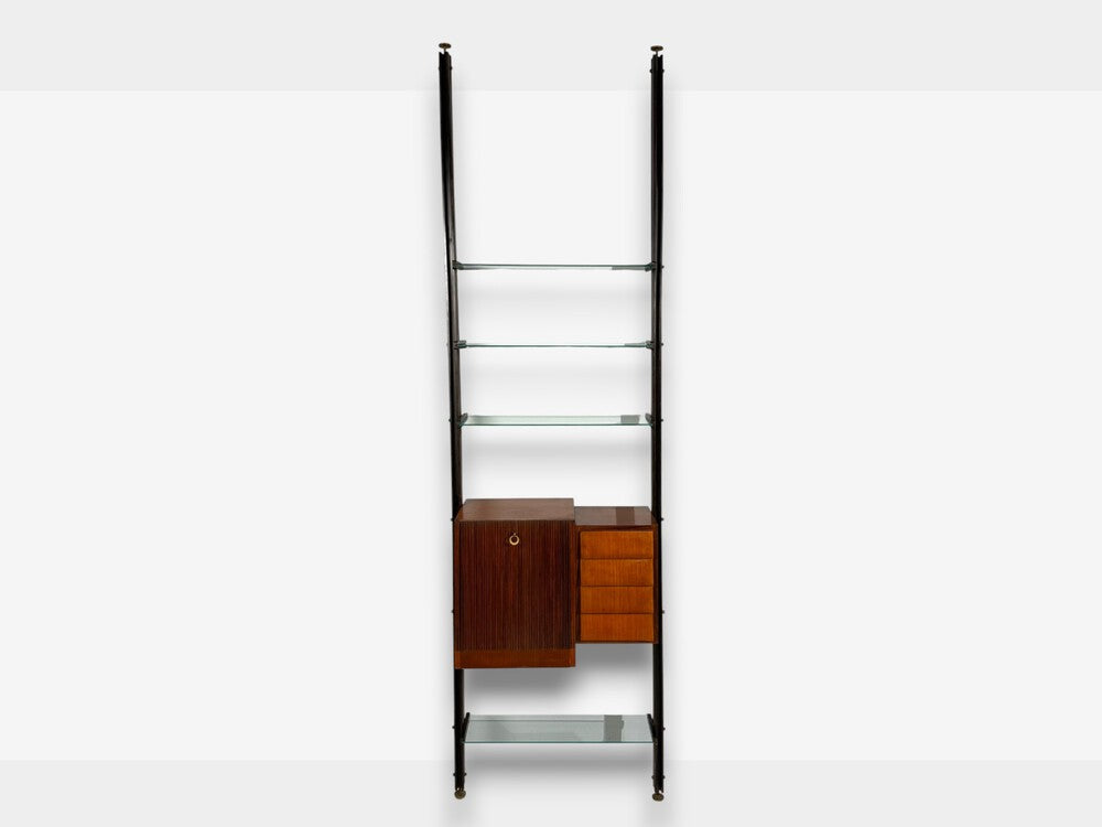 Italian Modern, Floor to Ceiling Bookcase, Stained Wood, Glass, Italy, 1940s