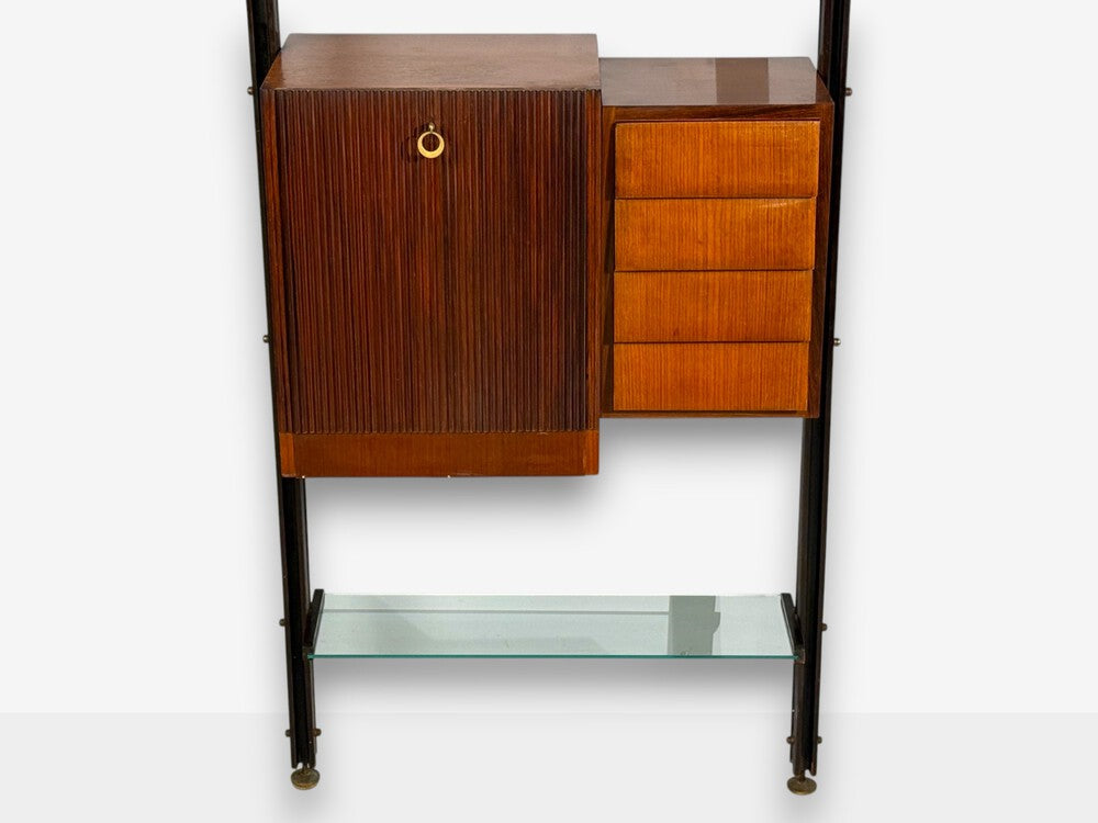 Italian Modern, Floor to Ceiling Bookcase, Stained Wood, Glass, Italy, 1940s