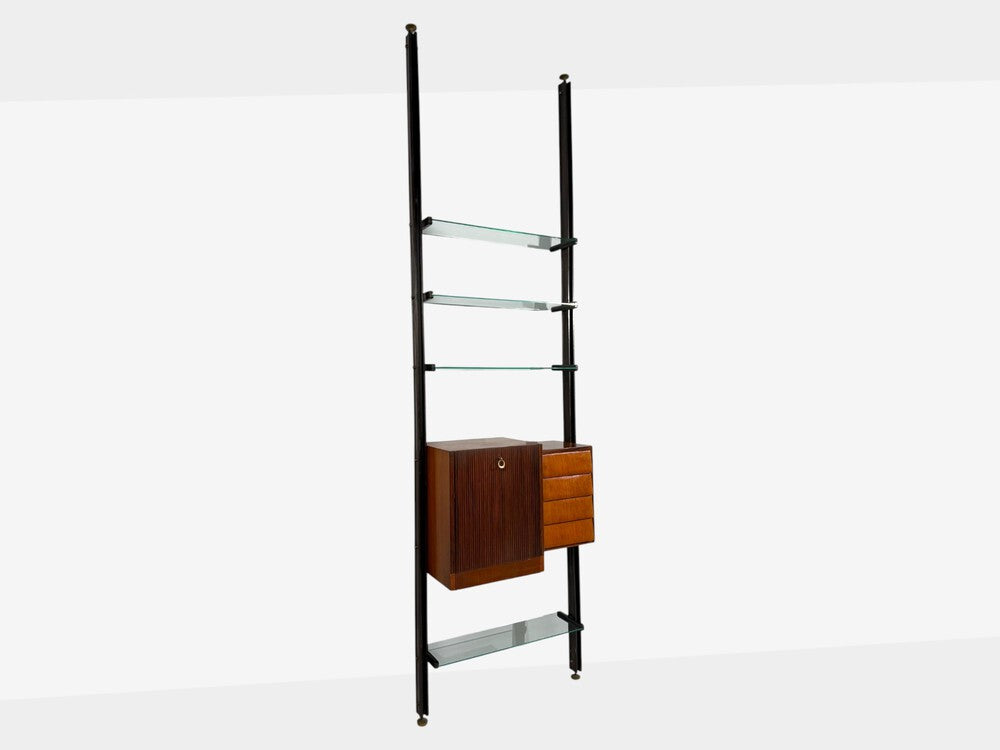 Italian Modern, Floor to Ceiling Bookcase, Stained Wood, Glass, Italy, 1940s