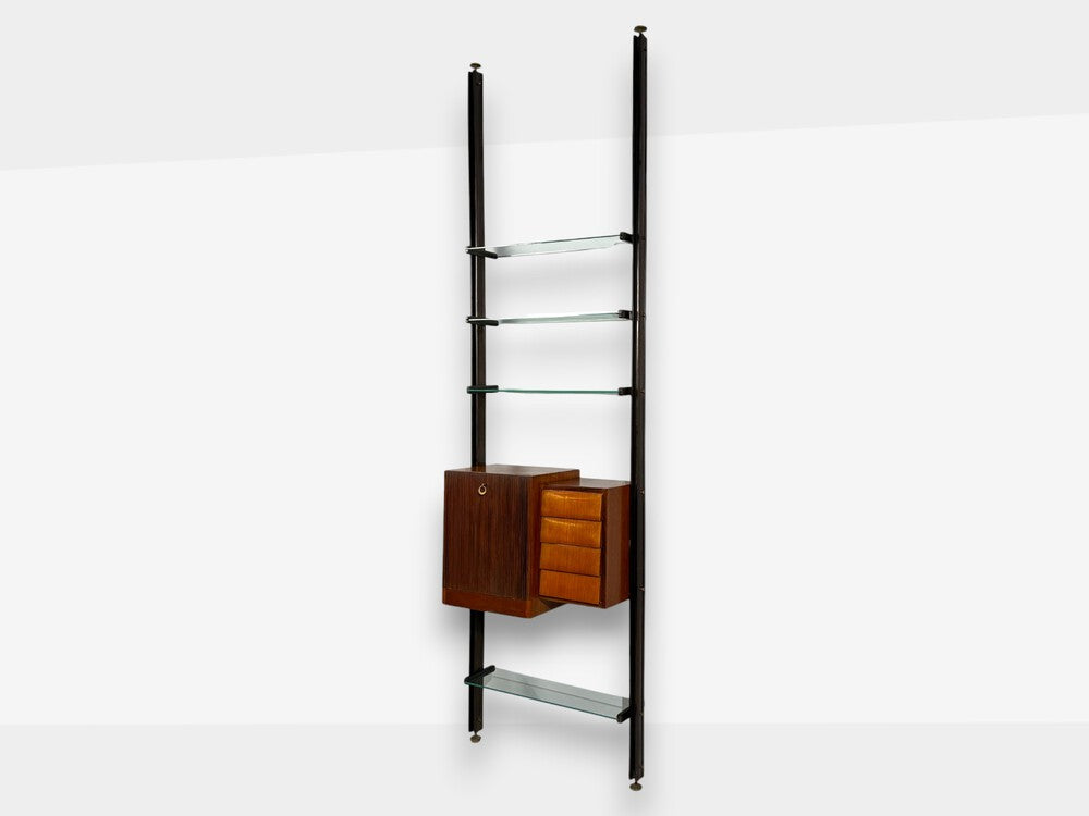 Italian Modern, Floor to Ceiling Bookcase, Stained Wood, Glass, Italy, 1940s