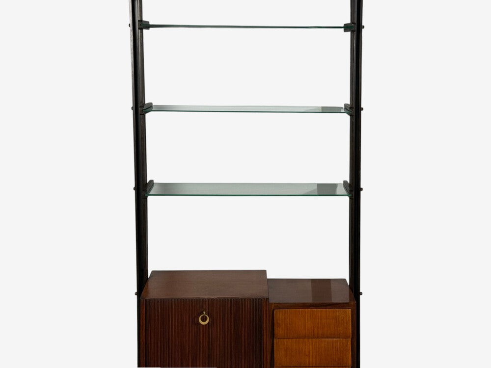 Italian Modern, Floor to Ceiling Bookcase, Stained Wood, Glass, Italy, 1940s