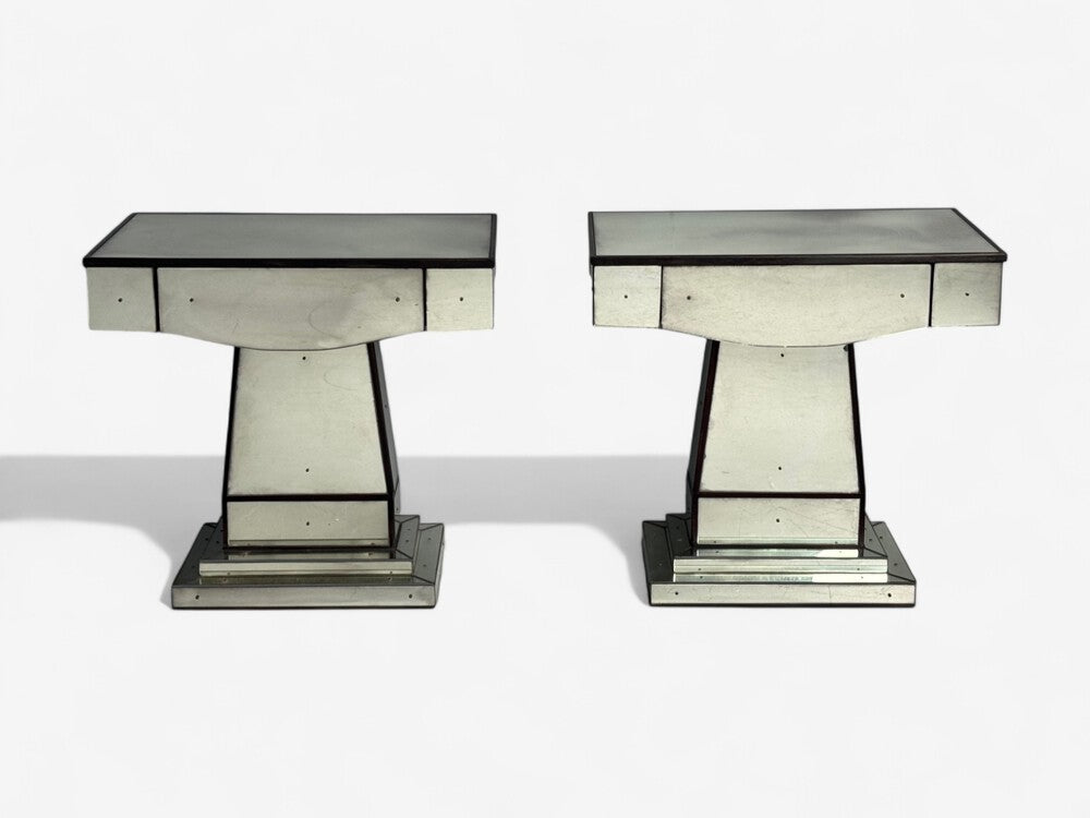 Mid-Century Modern Style, Painted Wood, Distressed Glass, Mirrored Nightstands
