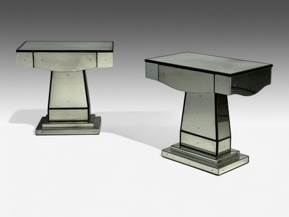 Mid-Century Modern Style, Painted Wood, Distressed Glass, Mirrored Nightstands