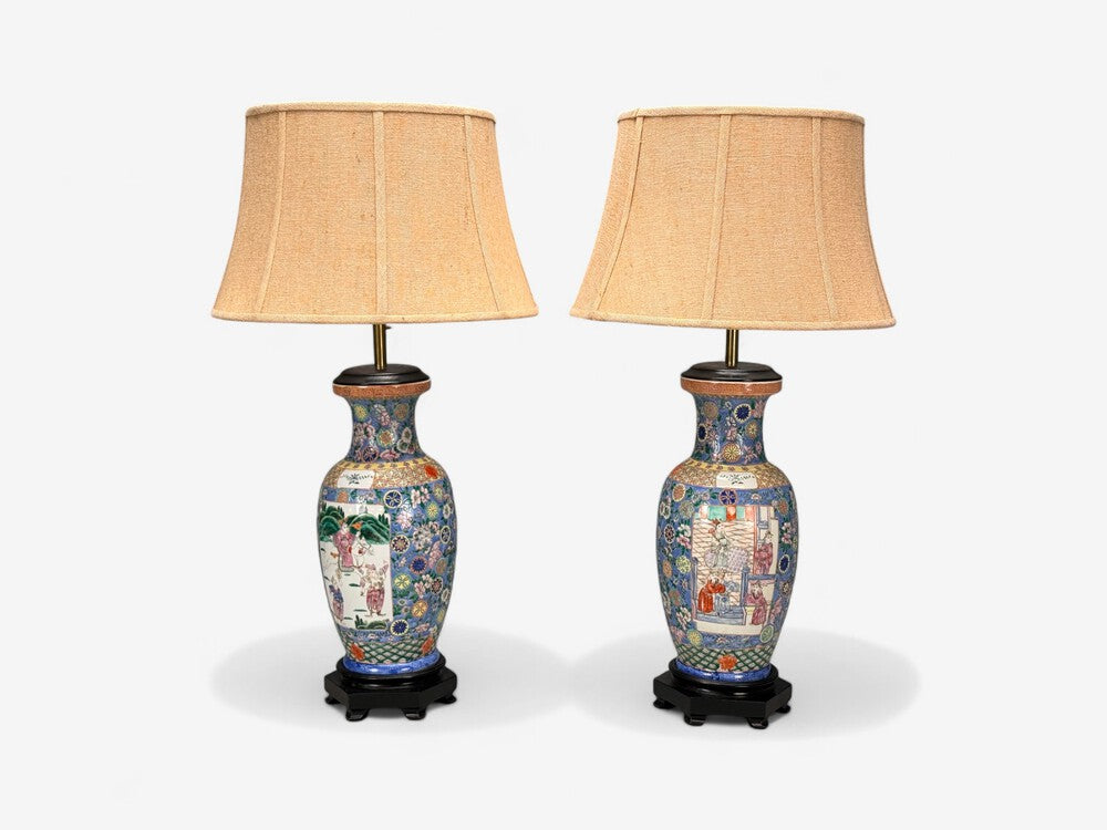 Famille Rose, Large Chinese Table Lamps, Porcelian, Rosewood, China, 19th c.