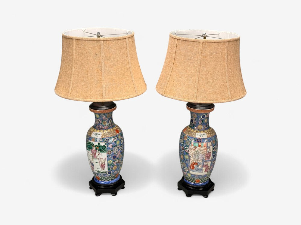Famille Rose, Large Chinese Table Lamps, Porcelian, Rosewood, China, 19th c.