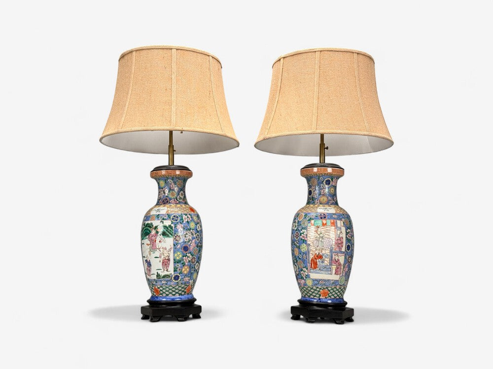 Famille Rose, Large Chinese Table Lamps, Porcelian, Rosewood, China, 19th c.