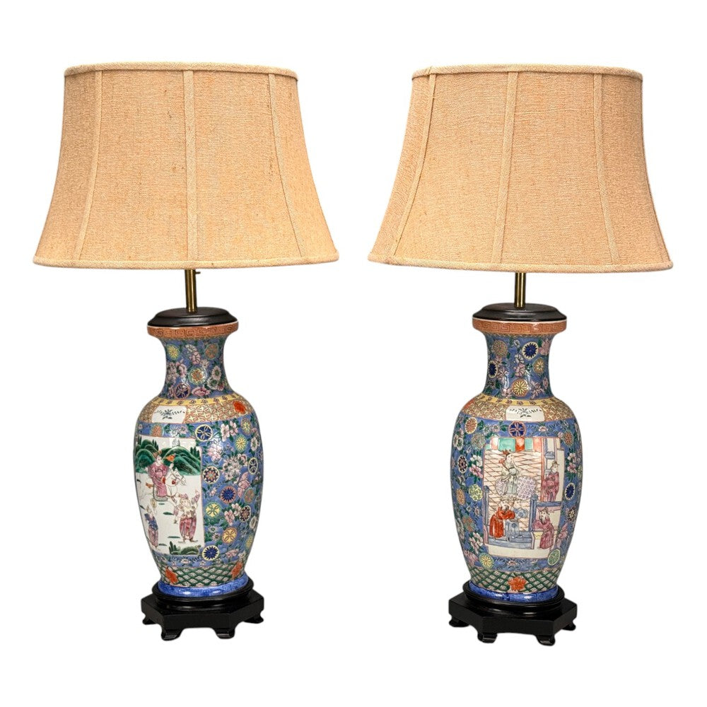 Famille Rose, Large Chinese Table Lamps, Porcelian, Rosewood, China, 19th c.