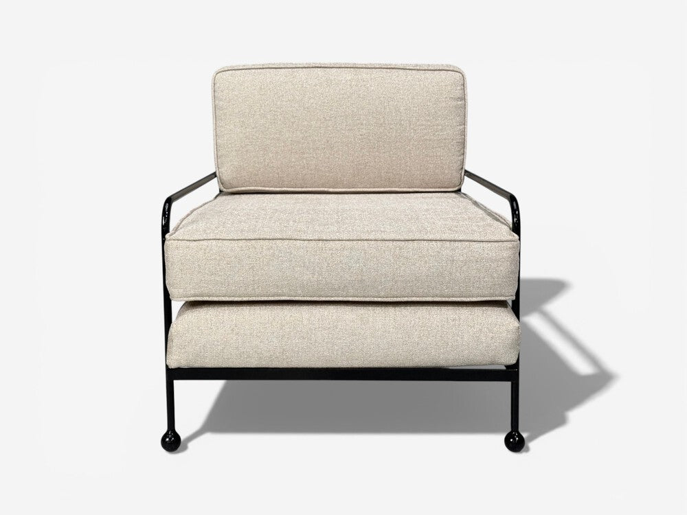 French Mid-Century Modern Style, Lounge Chairs, Black Painted Metal, Brown Linen, 20th c.