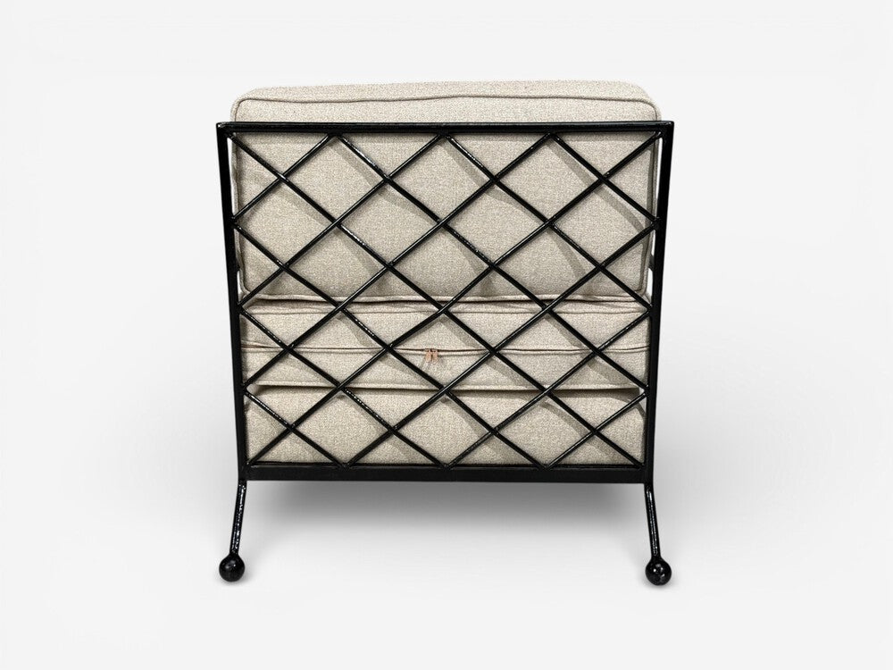 French Mid-Century Modern Style, Lounge Chairs, Black Painted Metal, Brown Linen, 20th c.