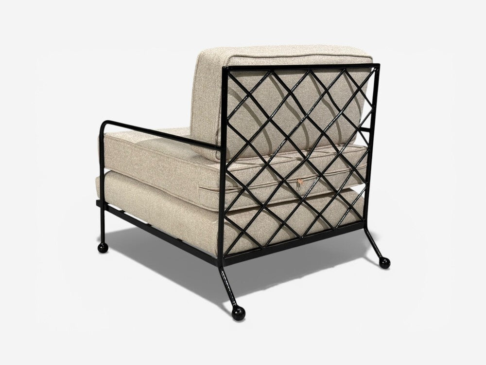 French Mid-Century Modern Style, Lounge Chairs, Black Painted Metal, Brown Linen, 20th c.
