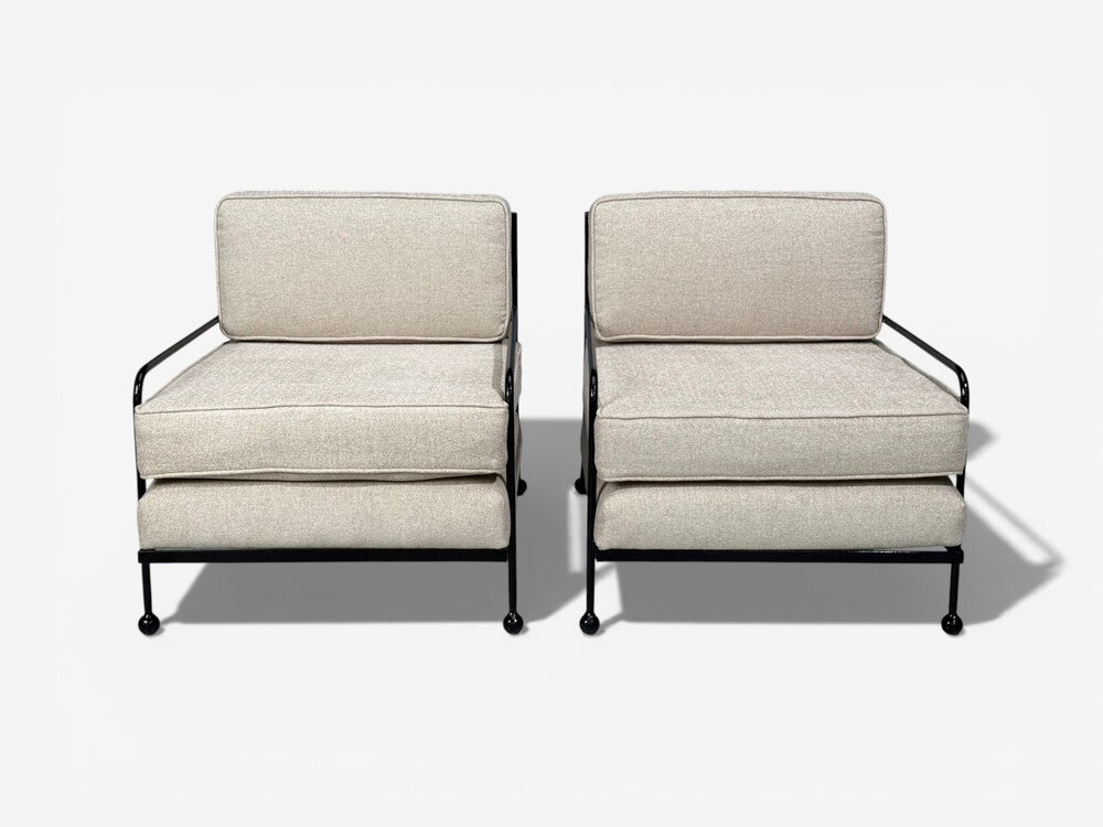 French Mid-Century Modern Style, Lounge Chairs, Black Painted Metal, Brown Linen, 20th c.