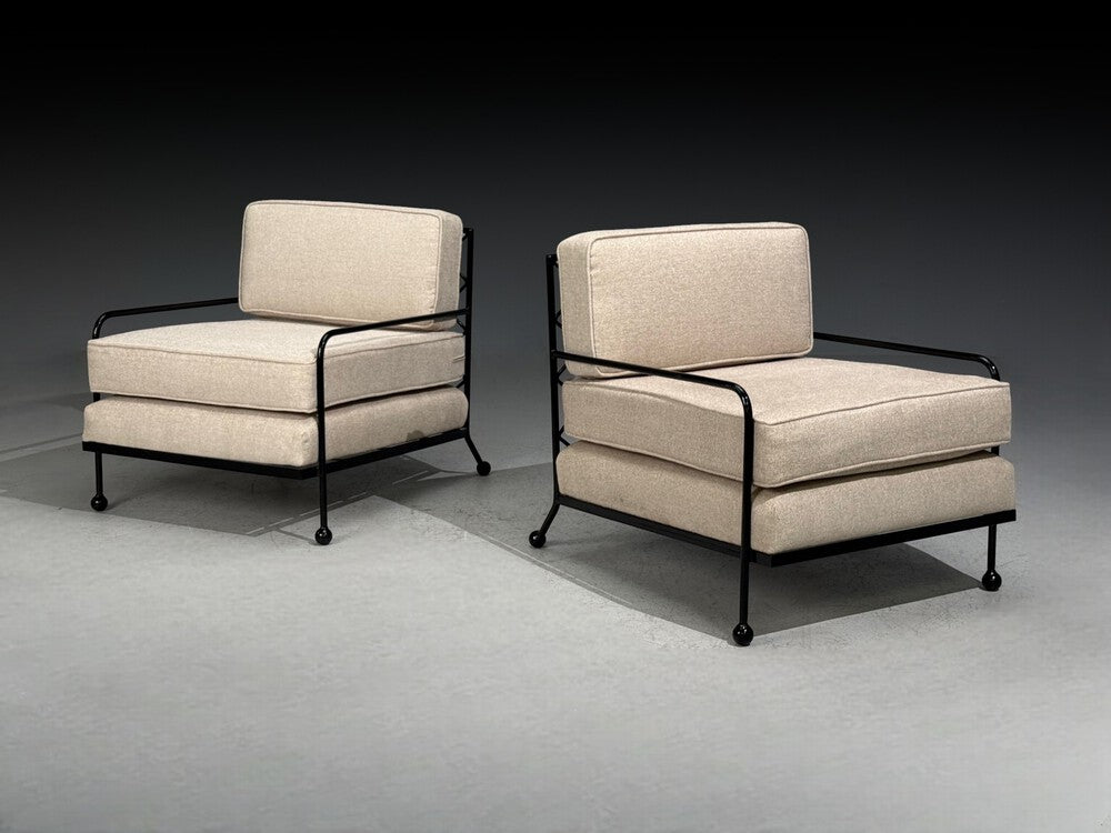 French Mid-Century Modern Style, Lounge Chairs, Black Painted Metal, Brown Linen, 20th c.