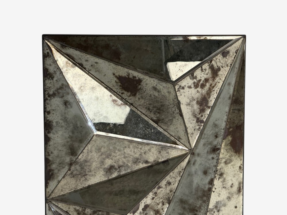Brutalist Geometric Wall Mirror, Distressed Beveled Glass, Wood, 21st C.