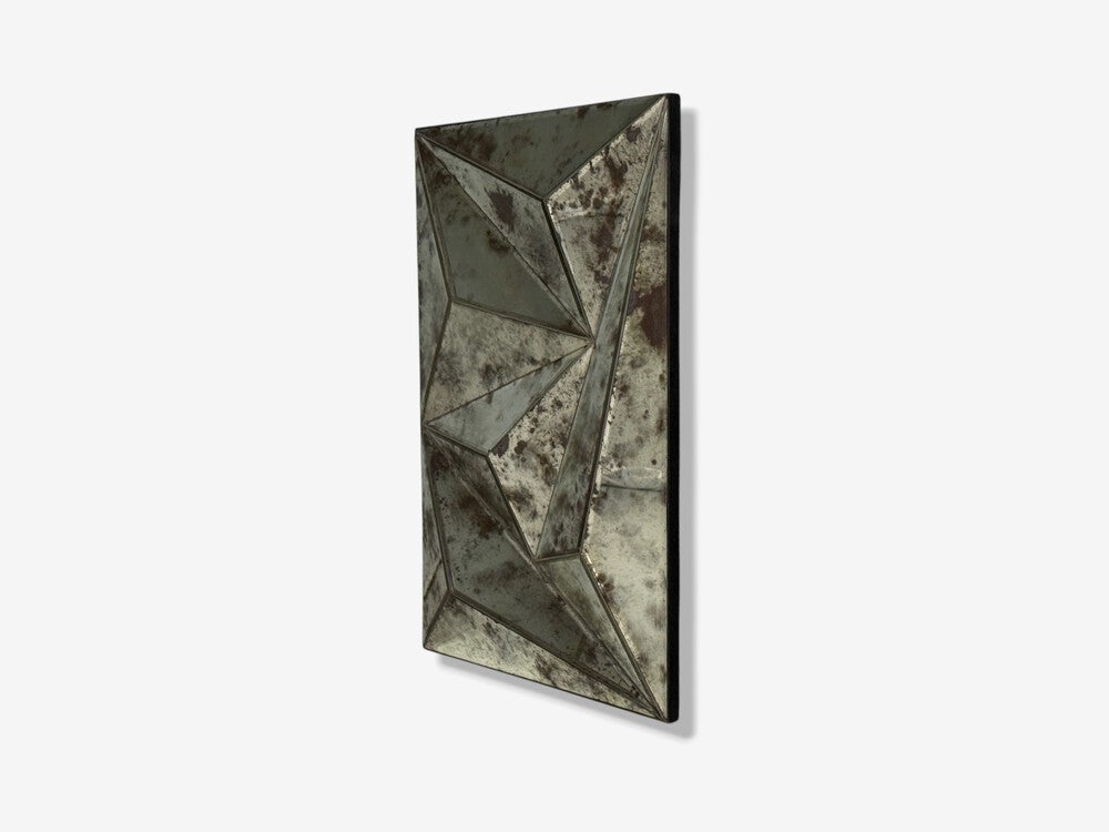 Brutalist Geometric Wall Mirror, Distressed Beveled Glass, Wood, 21st C.