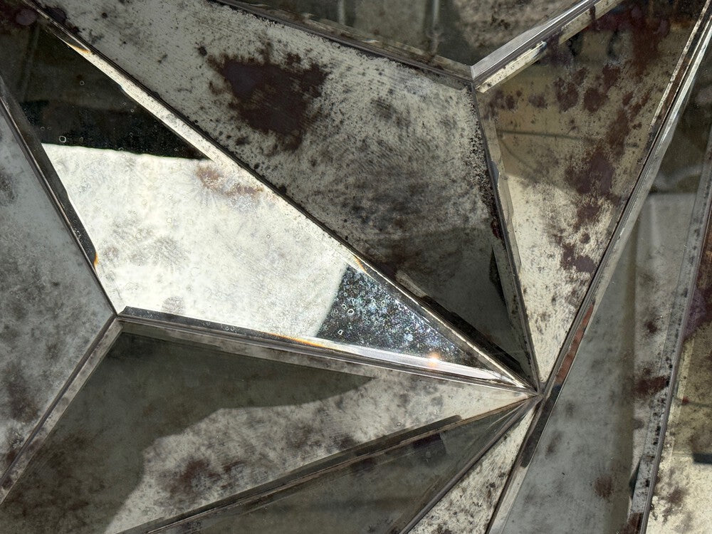 Brutalist Geometric Wall Mirror, Distressed Beveled Glass, Wood, 21st C.