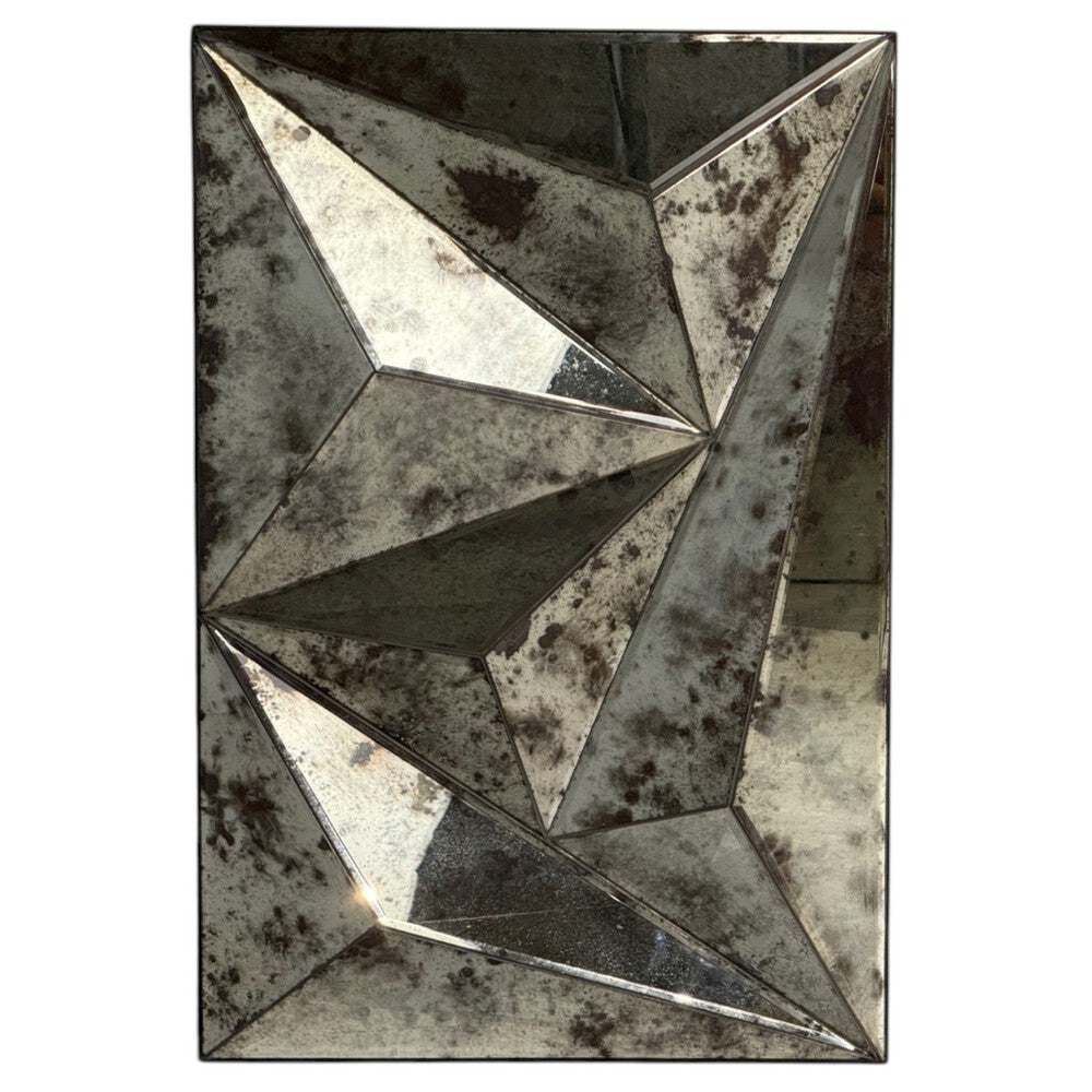 Brutalist Geometric Wall Mirror, Distressed Beveled Glass, Wood, 21st C.