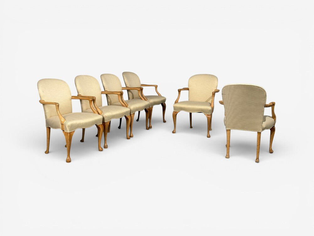Queen Anne Style, Six Dining Chairs, Light Wood, Fabric, USA, 1940s