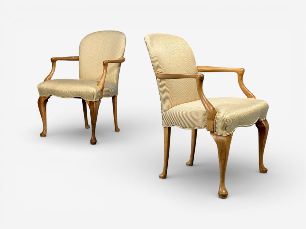 Queen Anne Style, Six Dining Chairs, Light Wood, Fabric, USA, 1940s