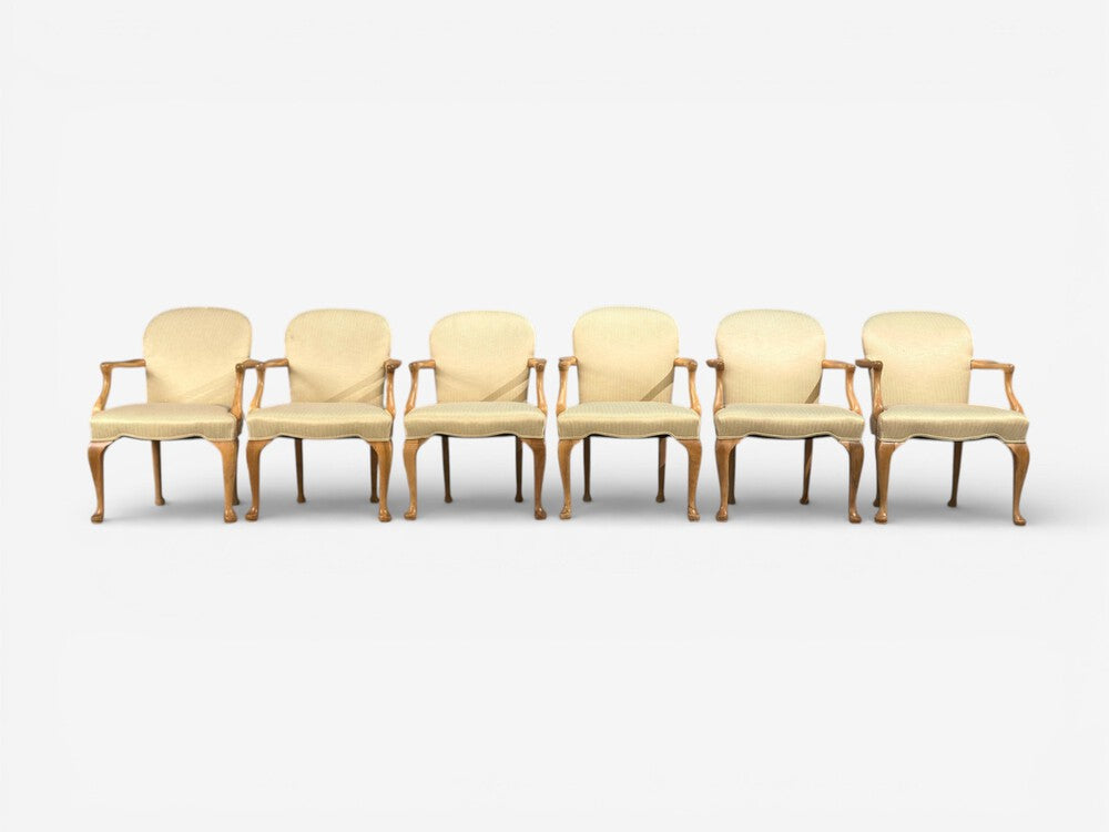 Queen Anne Style, Six Dining Chairs, Light Wood, Fabric, USA, 1940s