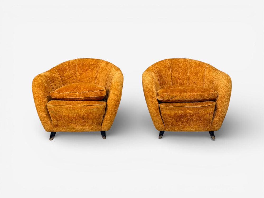 Federico Munari Style, Lounge Chairs, Fabric, Ebonized Wood, Italy, 1960s