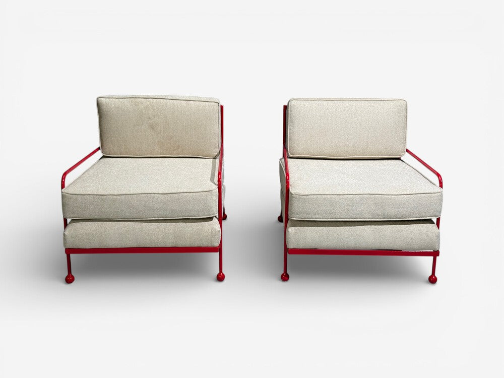 French Mid-Century Modern Style, Red Painted Metal, Linen, Lounge Chairs