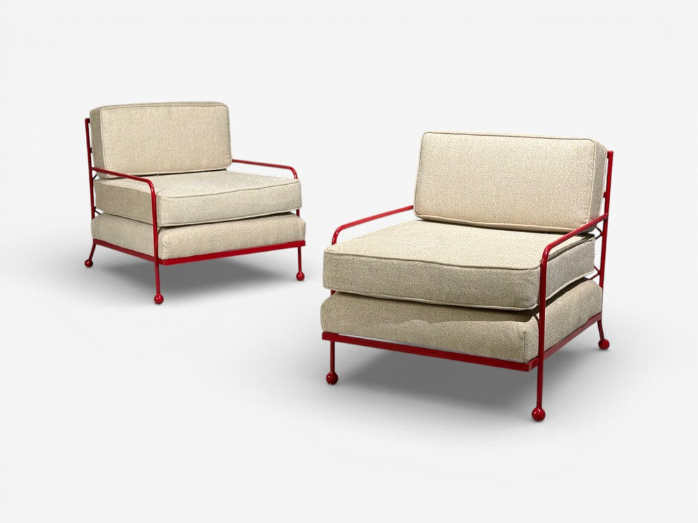 French Mid-Century Modern Style, Red Painted Metal, Linen, Lounge Chairs