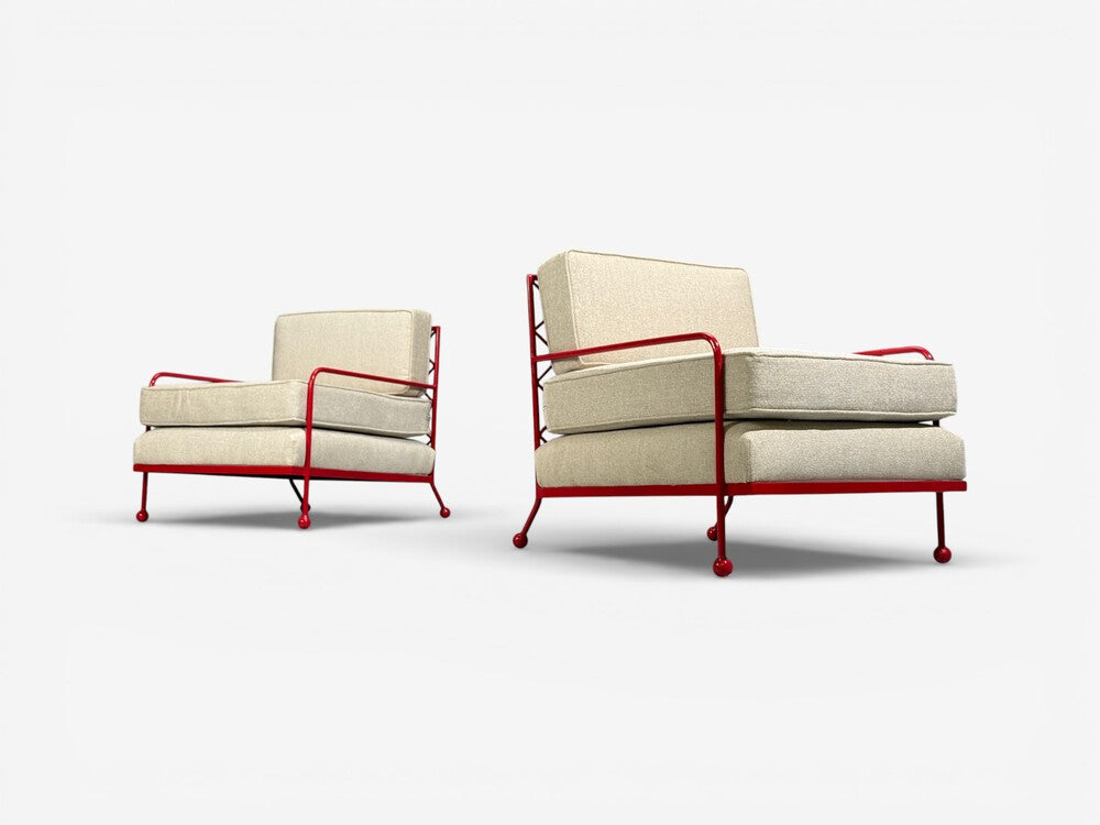 French Mid-Century Modern Style, Red Painted Metal, Linen, Lounge Chairs