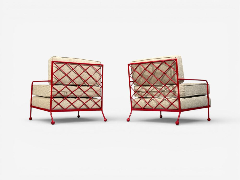 French Mid-Century Modern Style, Red Painted Metal, Linen, Lounge Chairs
