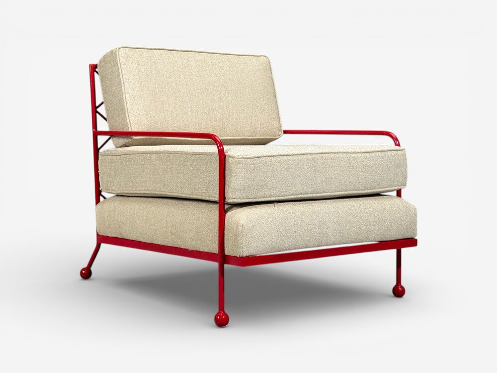 French Mid-Century Modern Style, Red Painted Metal, Linen, Lounge Chairs