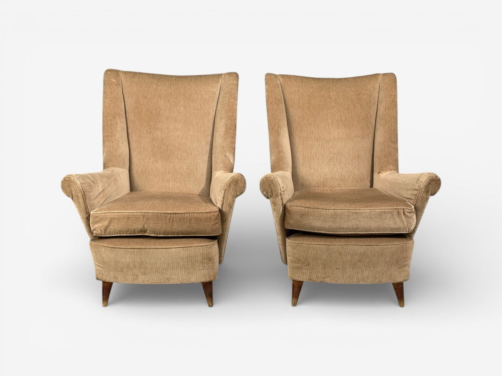 Paolo Buffa Style, Wingback Lounge Chairs, Fabric, Wood, Italy, 1950s