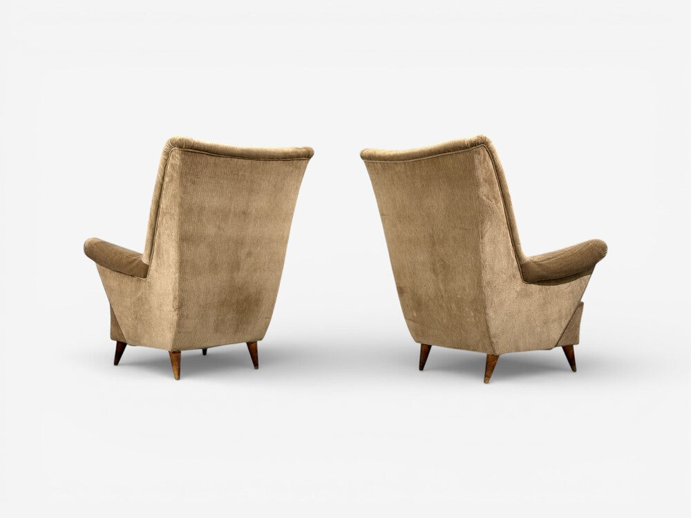 Paolo Buffa Style, Wingback Lounge Chairs, Fabric, Wood, Italy, 1950s