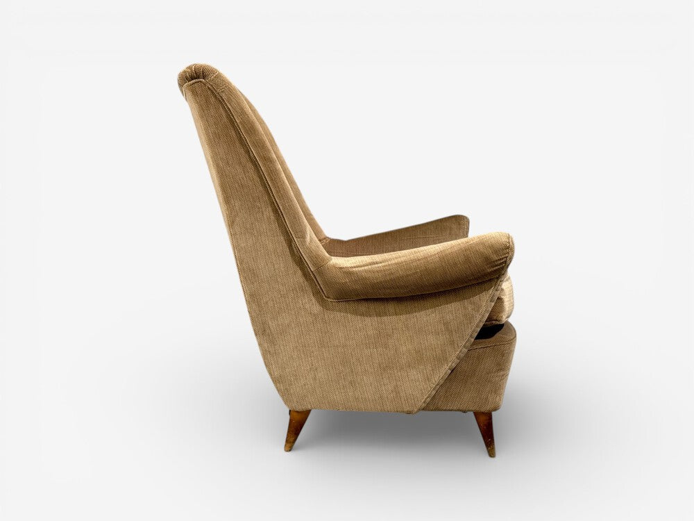 Paolo Buffa Style, Wingback Lounge Chairs, Fabric, Wood, Italy, 1950s