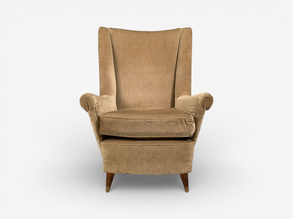 Paolo Buffa Style, Wingback Lounge Chairs, Fabric, Wood, Italy, 1950s