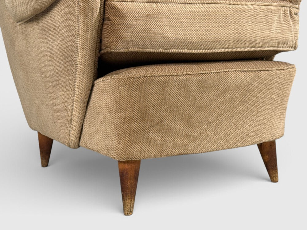 Paolo Buffa Style, Wingback Lounge Chairs, Fabric, Wood, Italy, 1950s