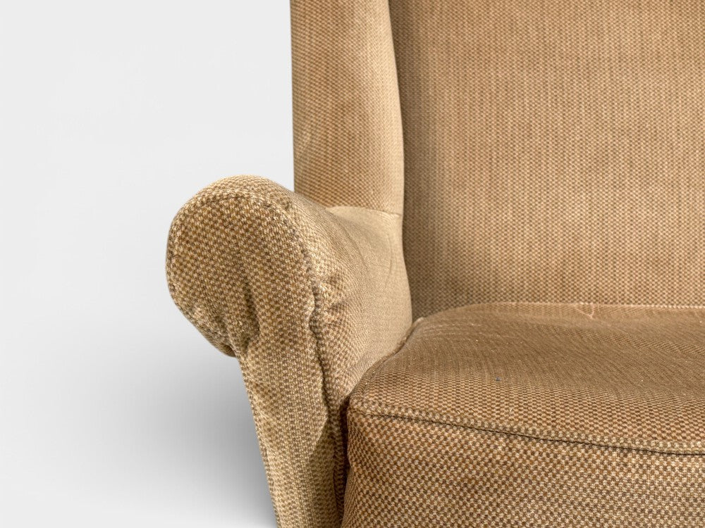 Paolo Buffa Style, Wingback Lounge Chairs, Fabric, Wood, Italy, 1950s